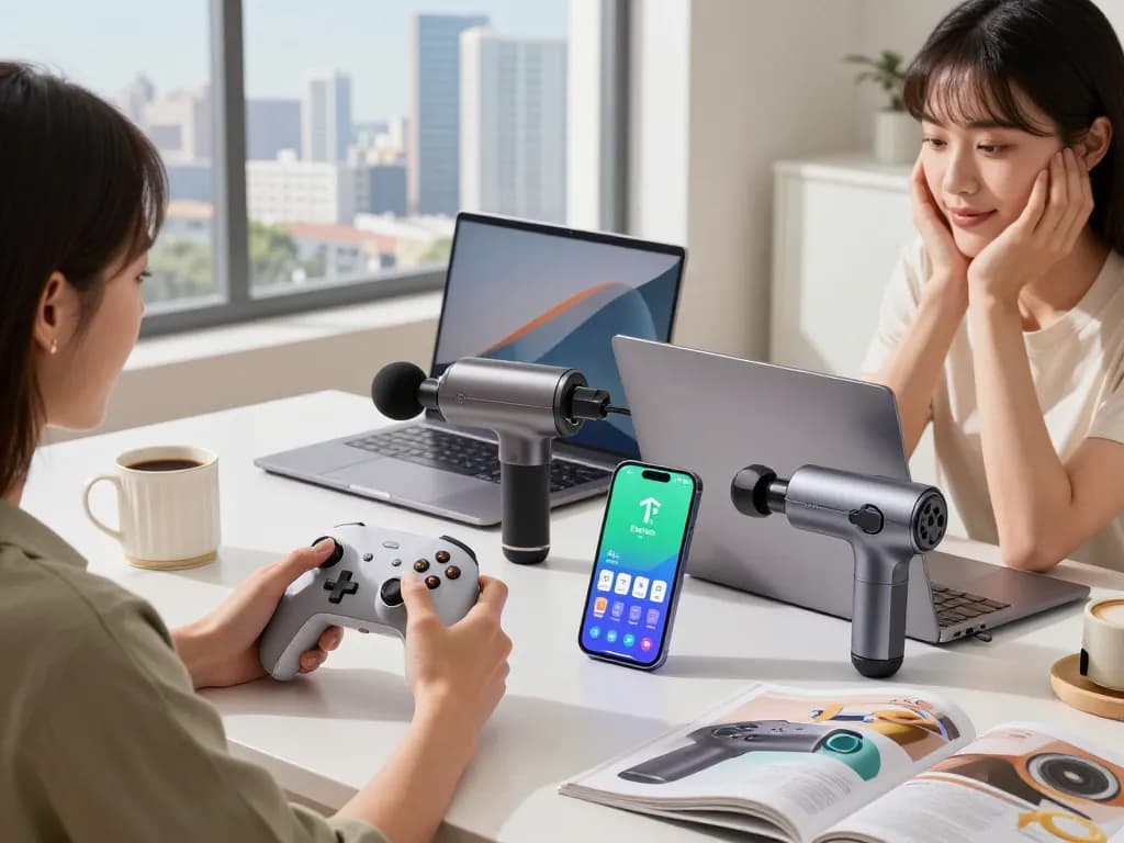 Exploring trending tech gadgets in a modern home office with various devices including the Tile Mate, AirFly Pro 2, and 8BitDo Ultimate controller.