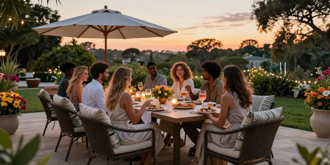 Luxury patio furniture with a glamorous 9-piece dining set, friends enjoying lunch under a chic umbrella in a vibrant outdoor setting.