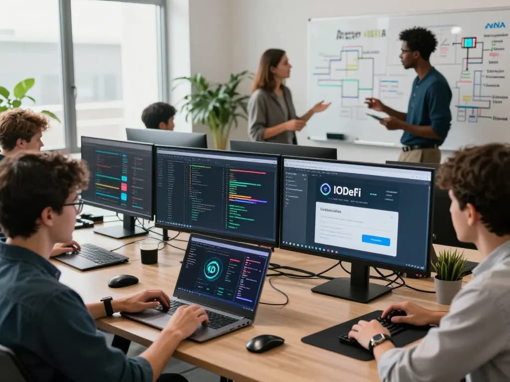 Team collaborating on innovative solutions for the IODeFi official website in a modern workspace.