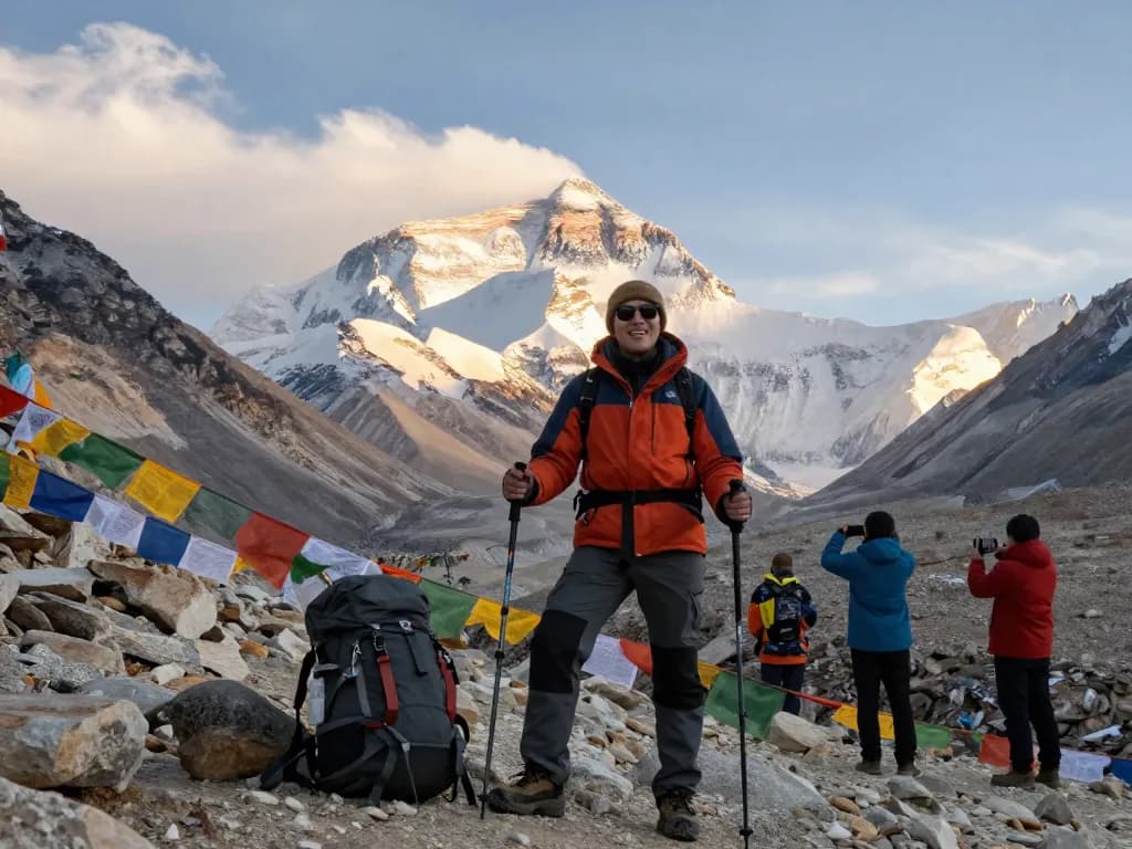 Everest Base Camp Heli Trek at sunrise with joyful traveler and breathtaking mountain views.
