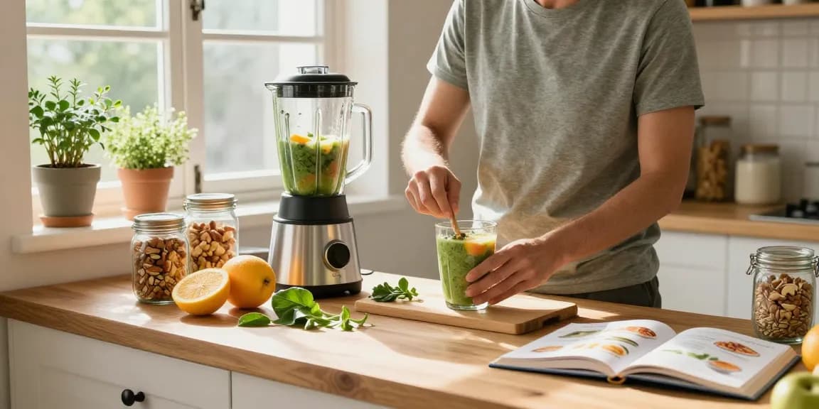 Enjoying use of the best nutrition app to create healthy smoothies in a bright kitchen
