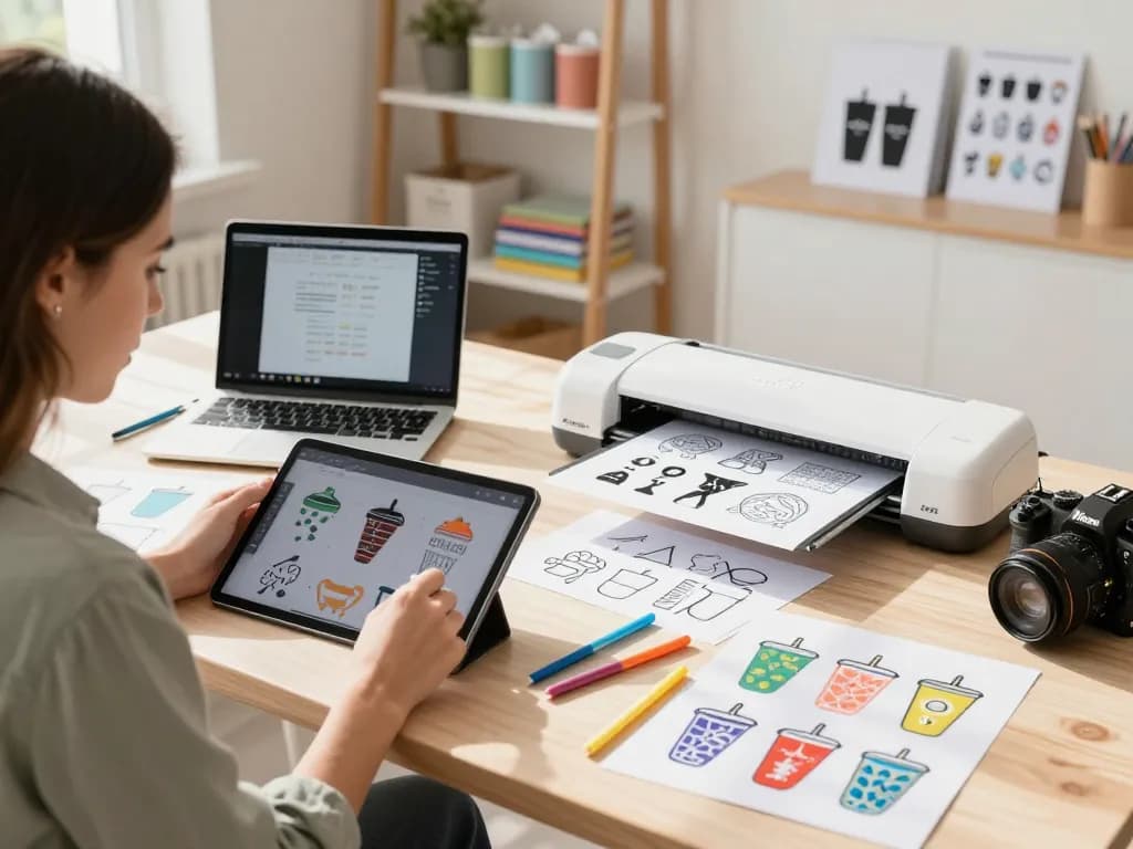 Designer creating vibrant tumbler SVG bundle designs in a bright crafting workspace.