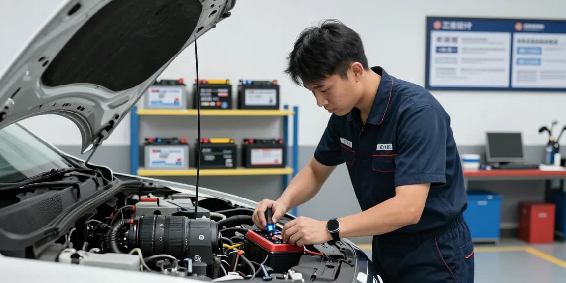 Professional battery replacement by a skilled technician in a modern garage.