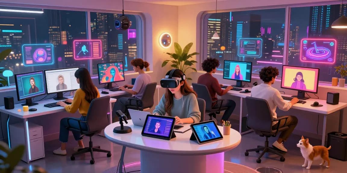 Dynamic collaborative workspace showcasing NSFW AI content creation with vibrant digital tools and diverse creators.