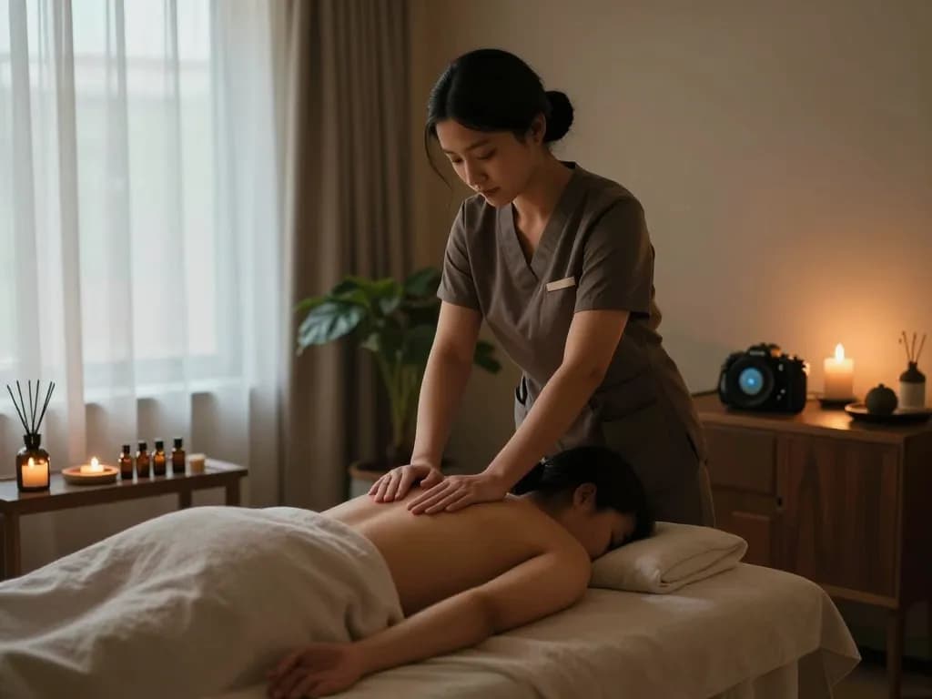 부평출장마사지 session with young therapist providing calming relaxation and healing in a serene atmosphere.