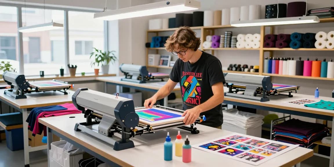 Expert t-shirt printing process in action, showcasing vibrant designs and quality fabrics