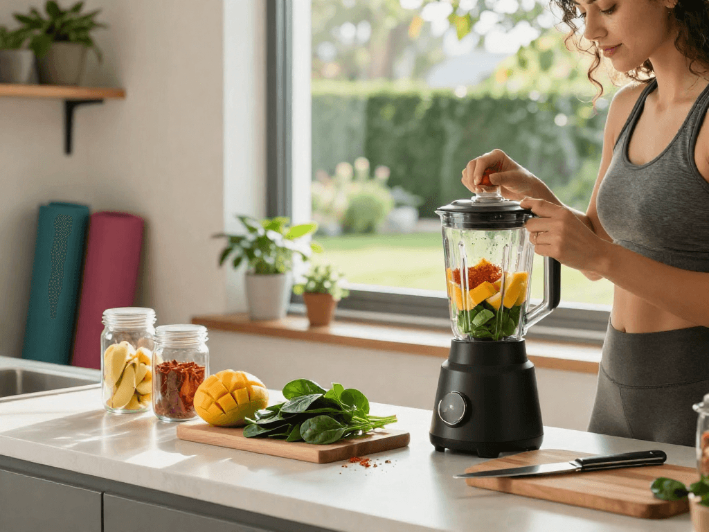 Healthy smoothie preparation with astaxanthin in a bright kitchen.