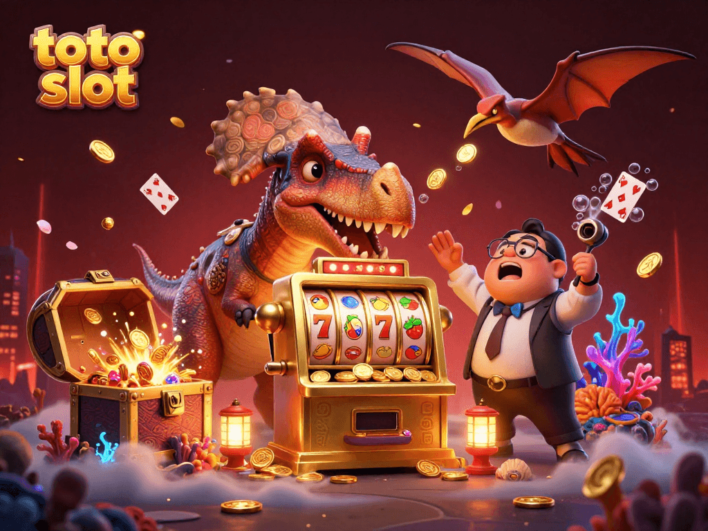 Experience the thrill of winning on a toto slot machine with cartoon dinosaurs in action!