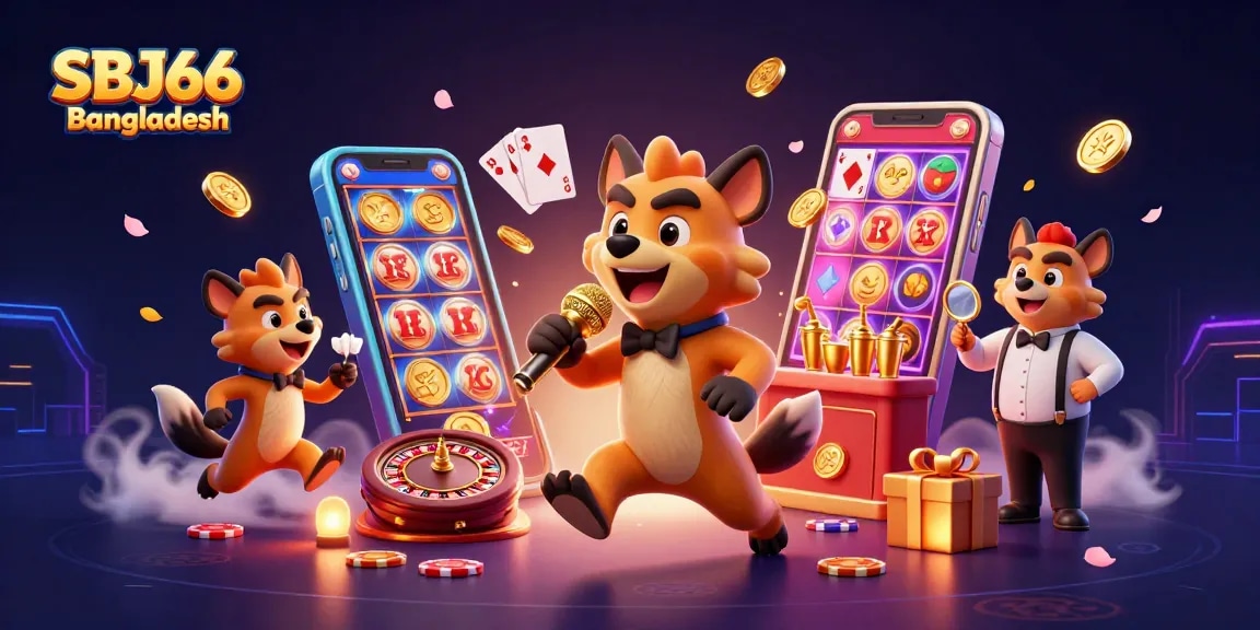 Engaging SBJ66 Bangladesh casino scene featuring hyenas in a comedy club, mixed drinks, and vibrant slot games.