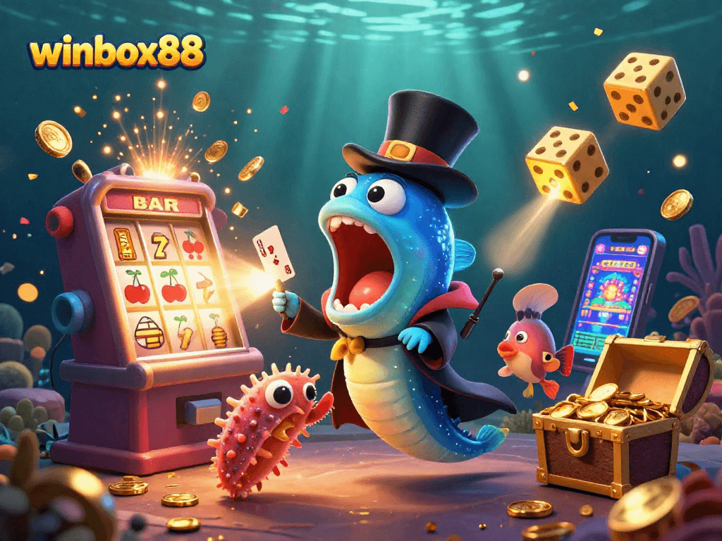 Winbox88 showcases a fun casino scene with bioluminescent creatures performing magic tricks amidst vibrant gaming elements.