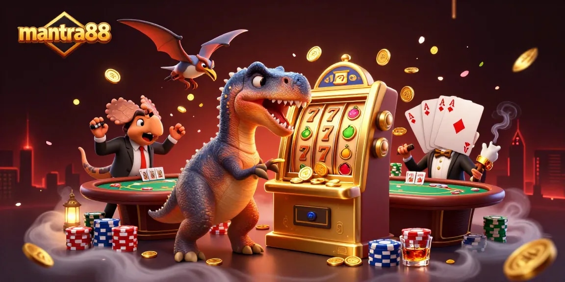 Experience mantra88 thrilling gameplay as a cartoon dinosaur wins big at a bustling casino!