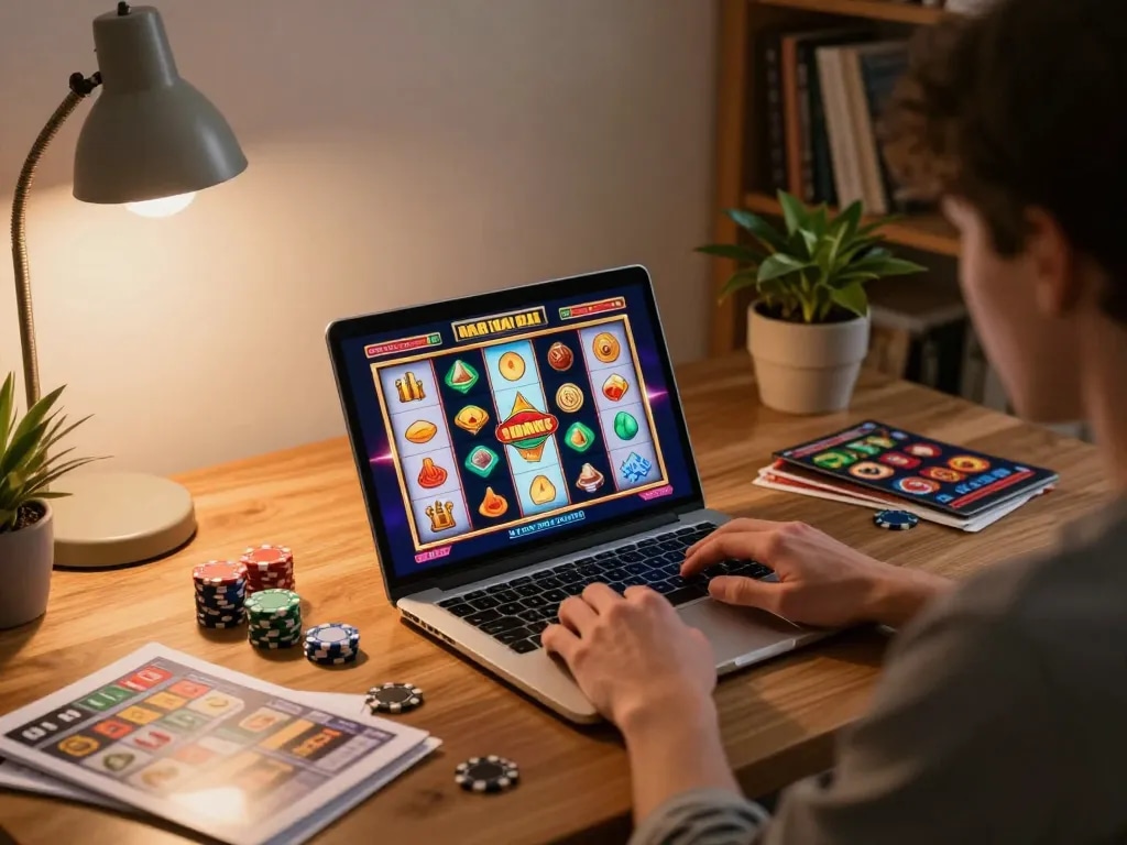 Engaging in slot depo 1k gameplay at home with colorful winnings displayed on a laptop.