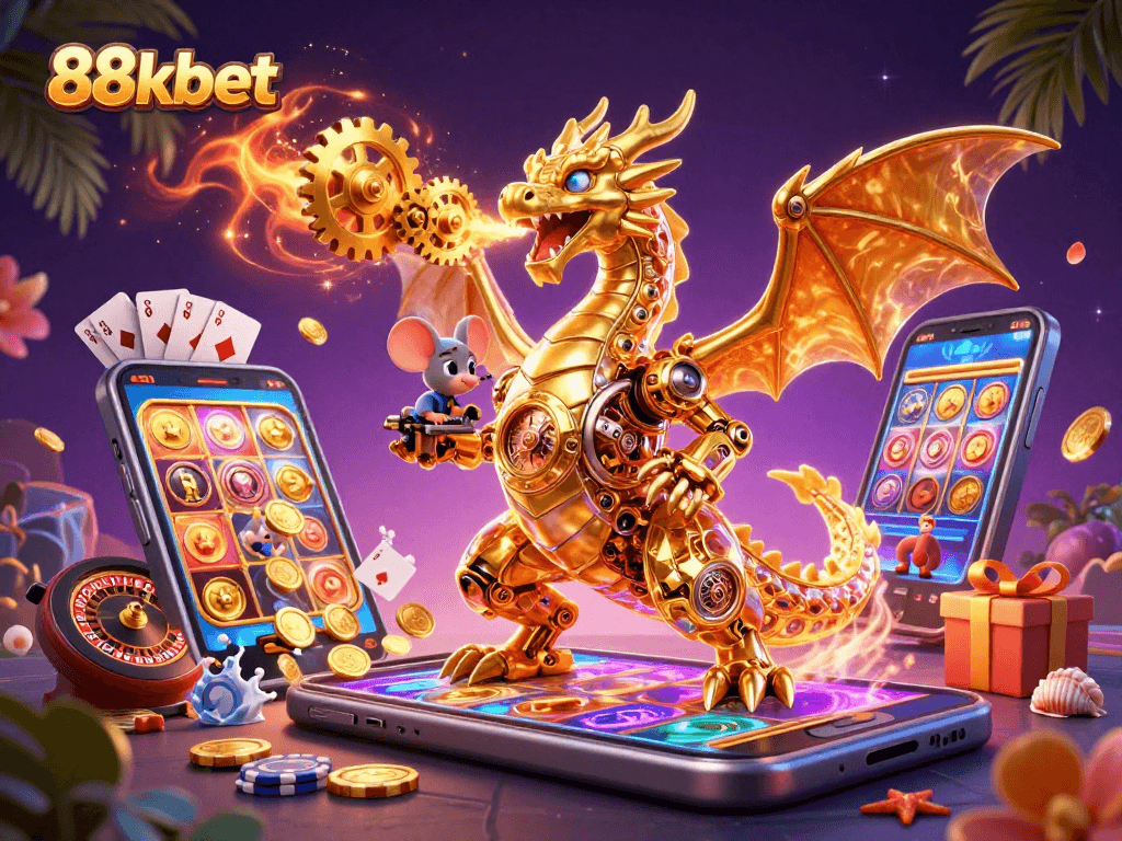 Experience excitement at 88kbet with a dynamic 3D dragon, thrilling slots, and vibrant casino elements.