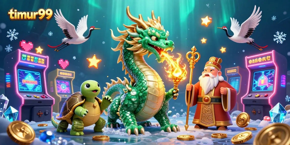 Experience exciting gameplay at timur99 with vibrant illustrations of dragons, lucky cranes, and gaming elements.