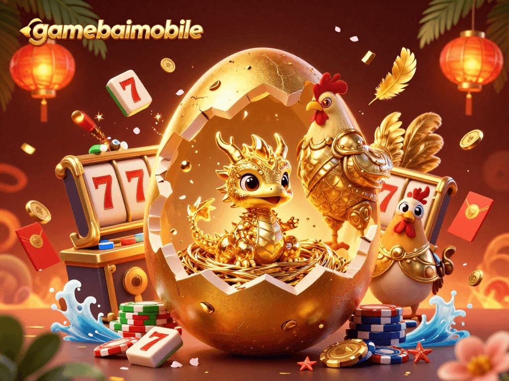 Gamebaimobile offers an exhilarating scene with a golden dragon and slot reels, showcasing vibrant casino elements.