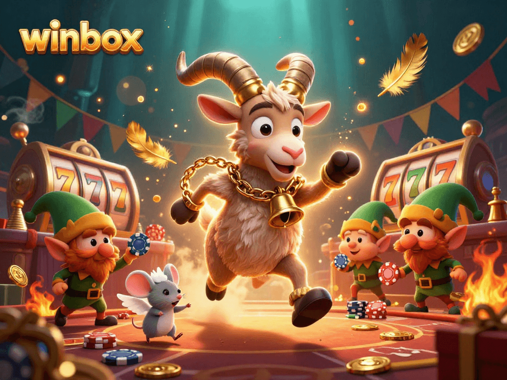 Winbox features a Krampus goat, angel mouse, and elf gremlins in a dynamic casino scene.