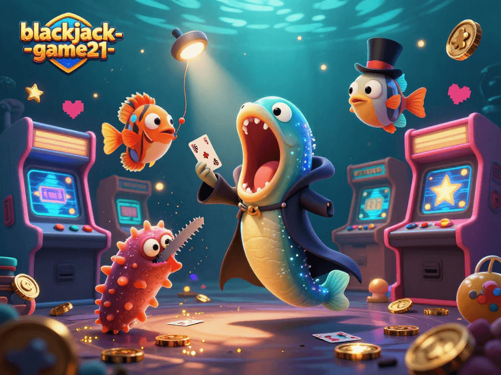 Experience the thrilling blackjack-game21 underwater with vibrant characters and casino elements.