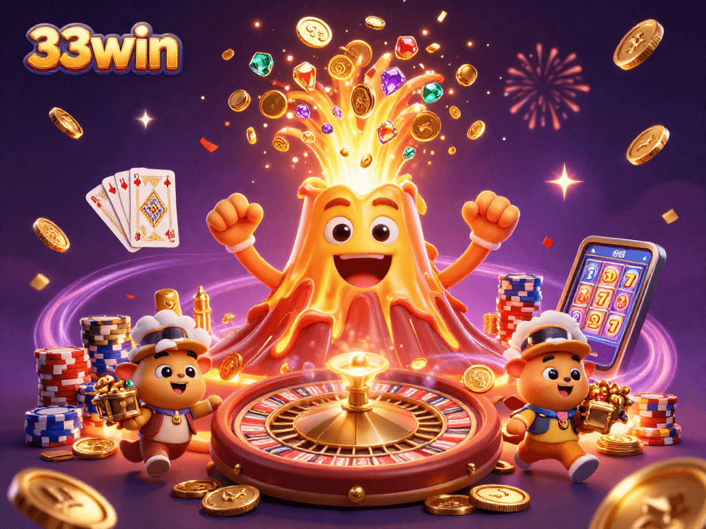 Experience the thrill of 33win with a vivid casino scene bursting with excitement and treasures.