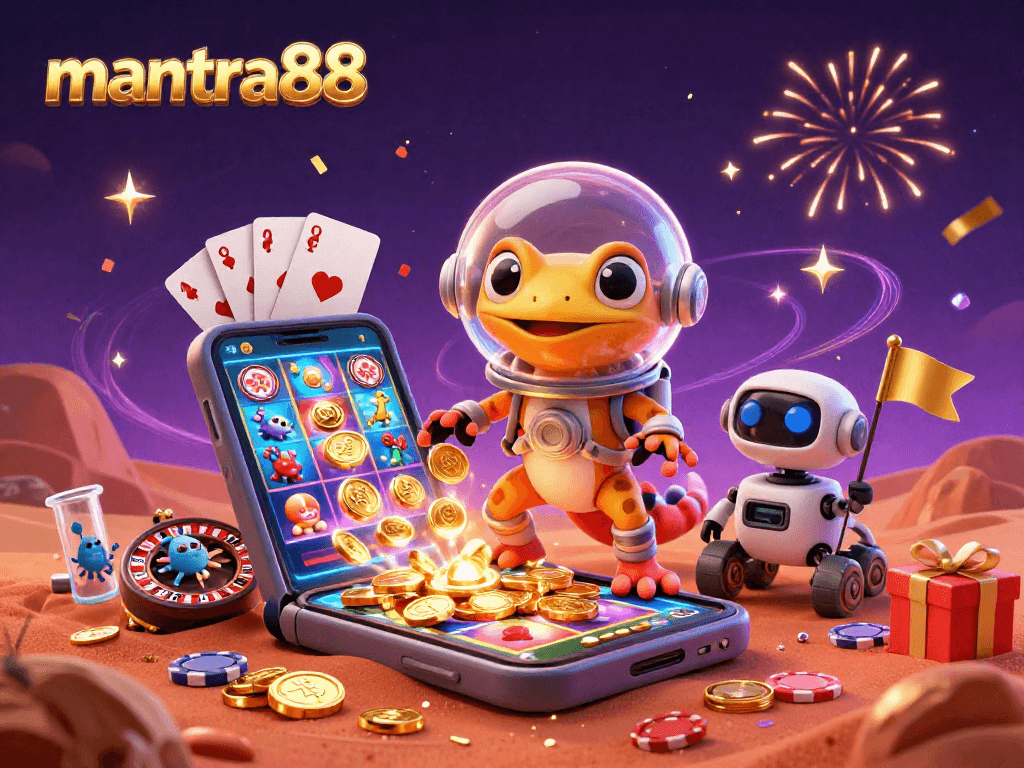 Experience thrilling action with mantra88 at the colorful slot game casino illustration.