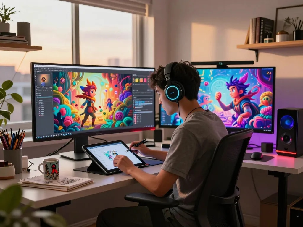 Creative artist designing stunning NSFW AI visuals in a vibrant digital workspace.