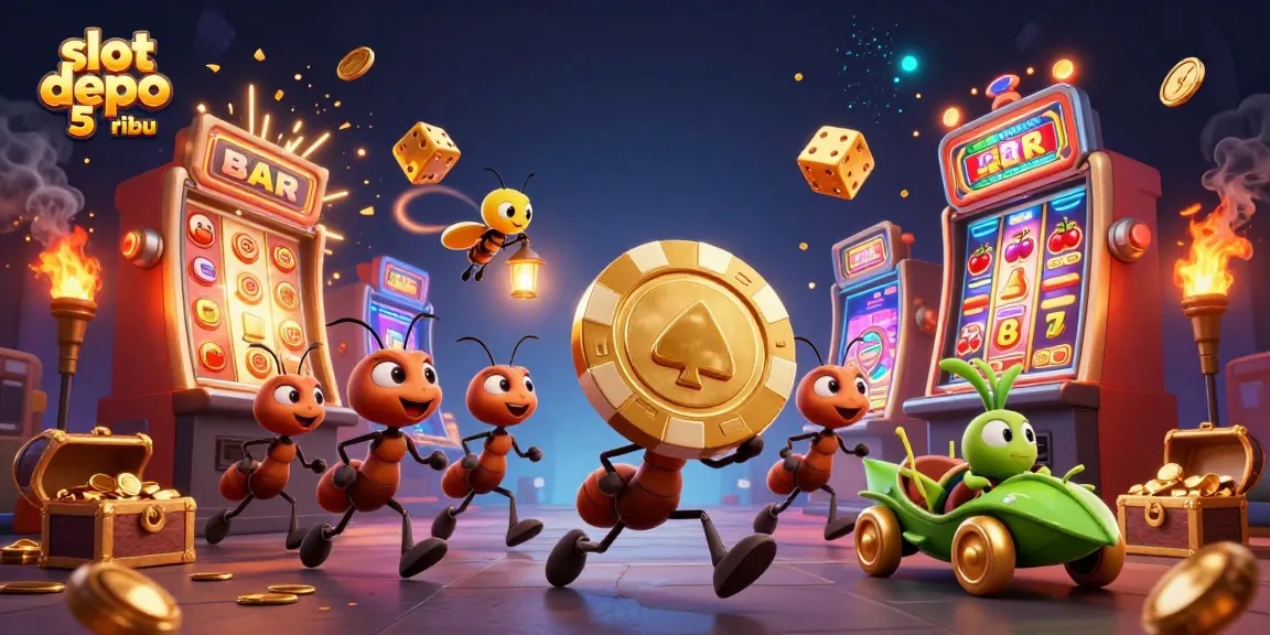 Witness slot depo 5 ribu adventure as cartoon ants steal a giant poker chip, surrounded by casino excitement.