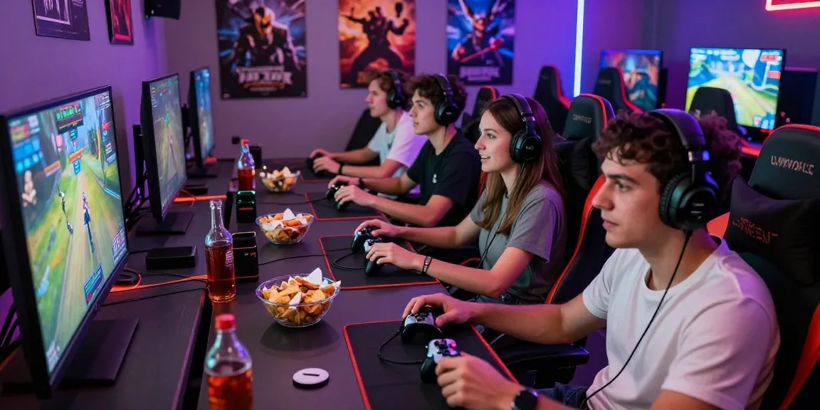 Friends enjoying a competitive gaming session in a vibrant lounge, featuring tashan-themed decor and snacks.