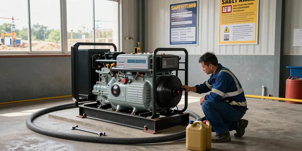 Technician performing maintenance on a diesel genset in an industrial workshop, showcasing safety and operational efficiency.