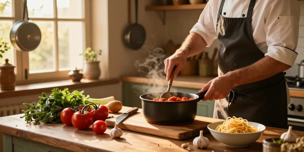 Chef bereitet köstliche hausgemachte Soßen mit frischen Zutaten in einer rustikalen Küche zu