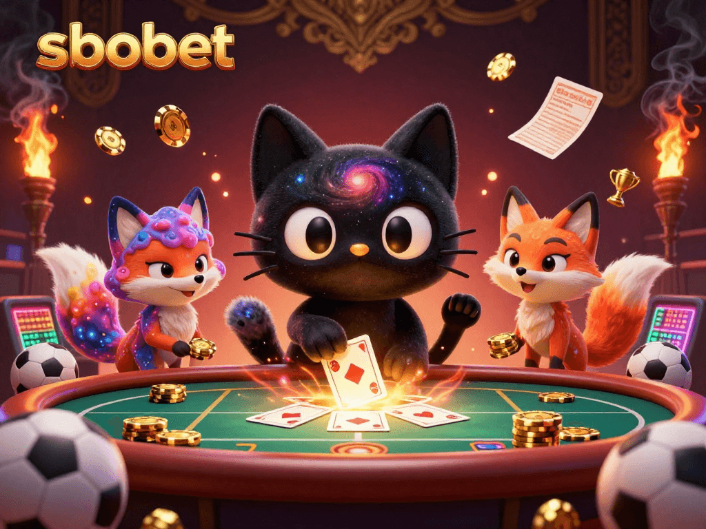 Bet on sbobet with an engaging sports betting scene depicting dynamic characters and vibrant casino elements.