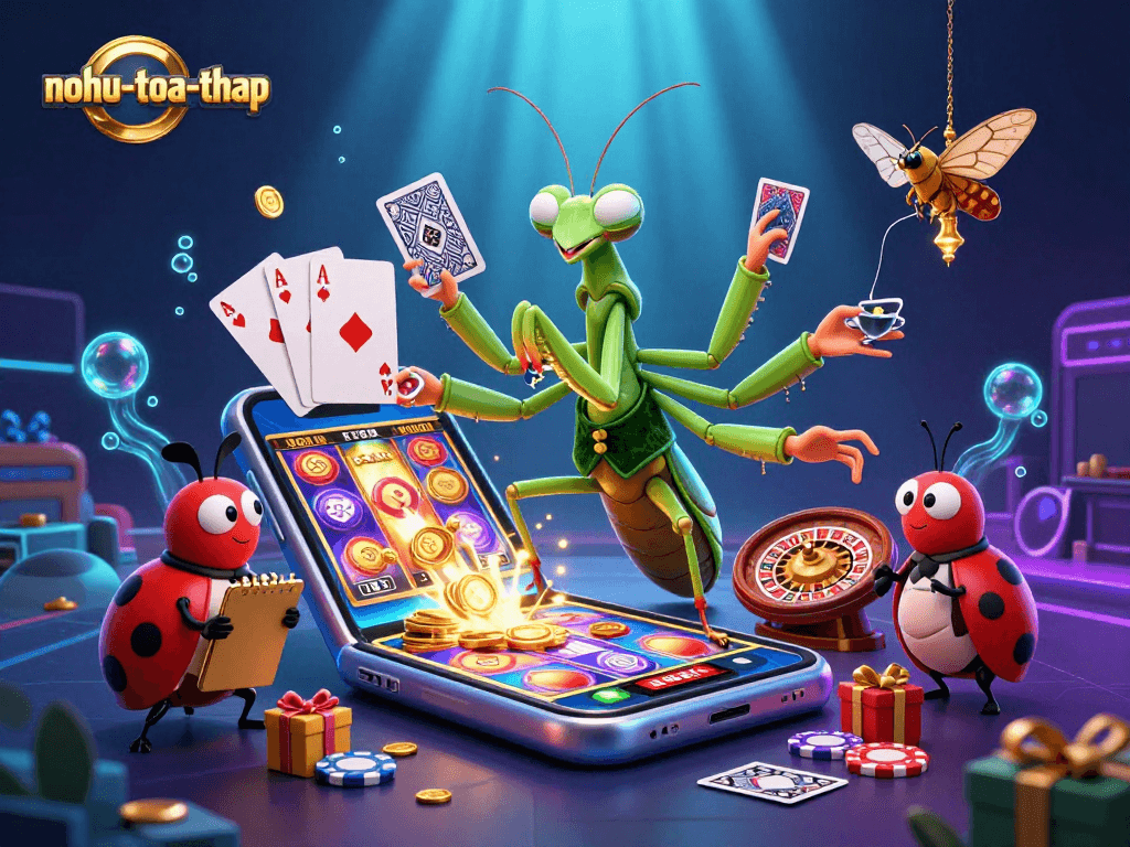 Engage in thrilling nohu-toa-thap gameplay with a dynamic scene showcasing a giant mantis dealing cards and coins.