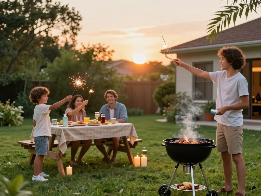 Family enjoying summer barbecue outdoors with Best Mosquito Repellent applied to avoid bites.