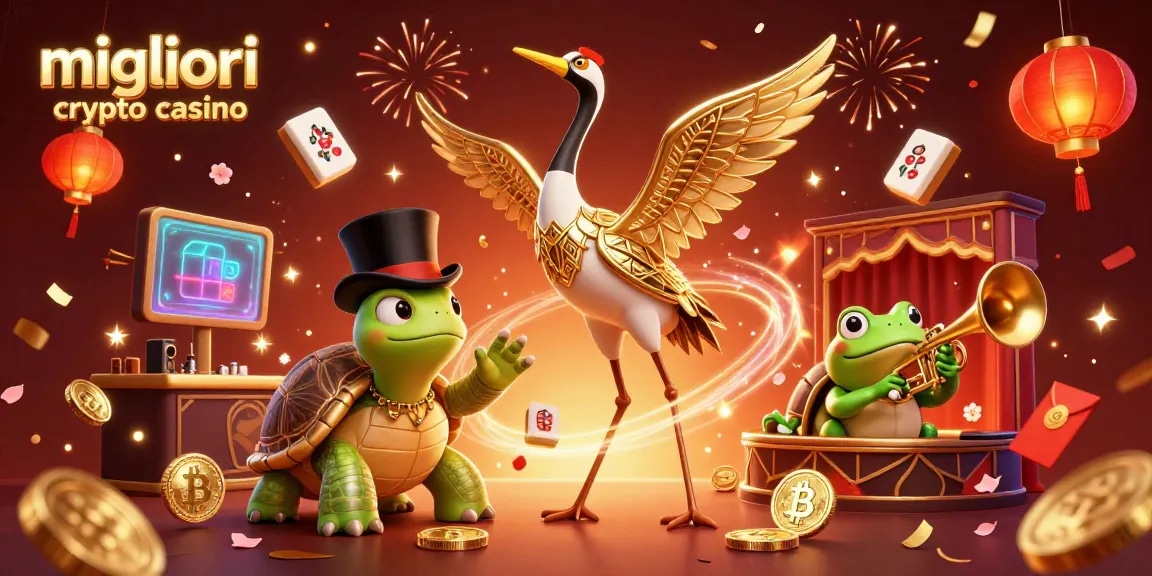 Migliori crypto casino: Illustrazione di un casinò animato con monete Bitcoin e Ethereum, festeggiamenti, e personaggi giocosi.