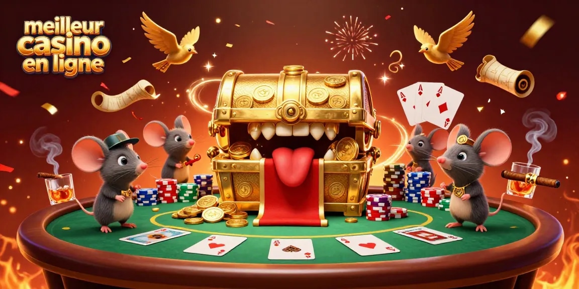 Meilleur casino en ligne illustrant un coffre au trésor attirant des aventuriers avec des éléments de poker variés et riches