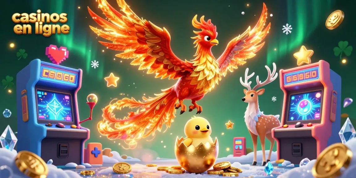 Des éléments de casinos en ligne avec un phénix flamboyant dans une illustration 3D captivante.