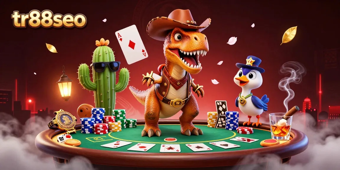 tr88seo showcases a vibrant casino scene with a T-Rex gambling at a poker table, enhancing the gaming experience.