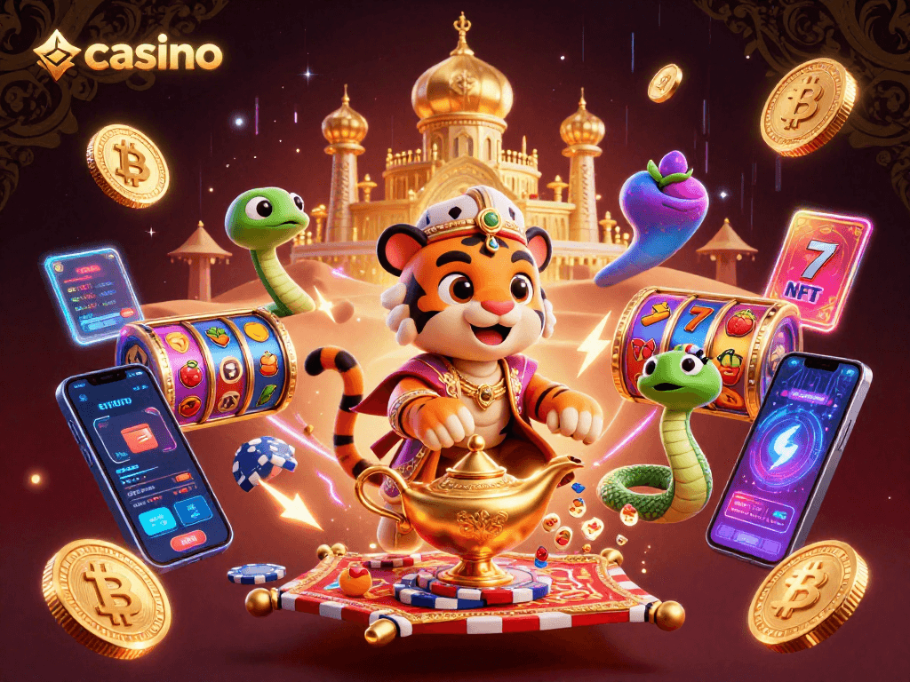 Engage with a vibrant casino scene featuring a tiger sultan, magical elements, and cryptocurrency graphics.
