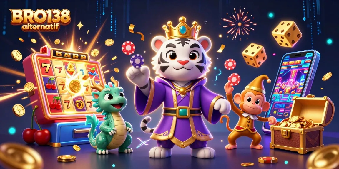 Experience the excitement of BRO138 alternatif with vibrant slots and dynamic game elements in a playful casino scene.