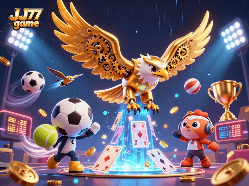 Engage in the thrilling JJ77 game with dynamic illustrations of sports elements and a heroic golden eagle.