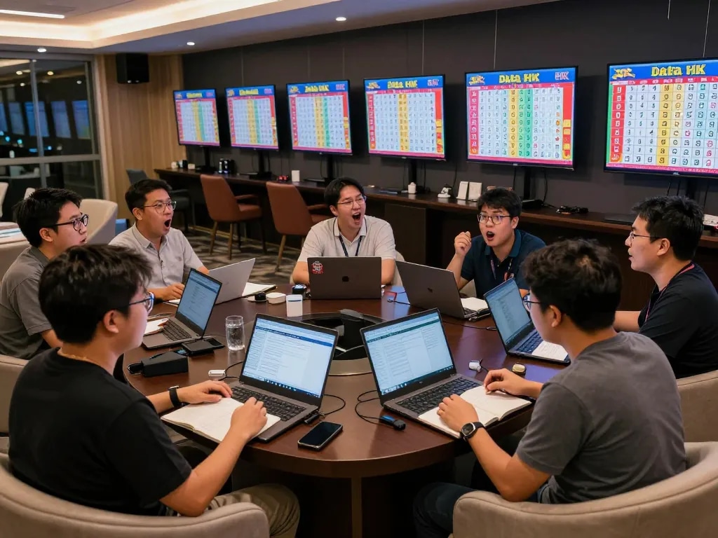 Excited players engaging with Data HK updates in a vibrant gambling lounge with digital displays.