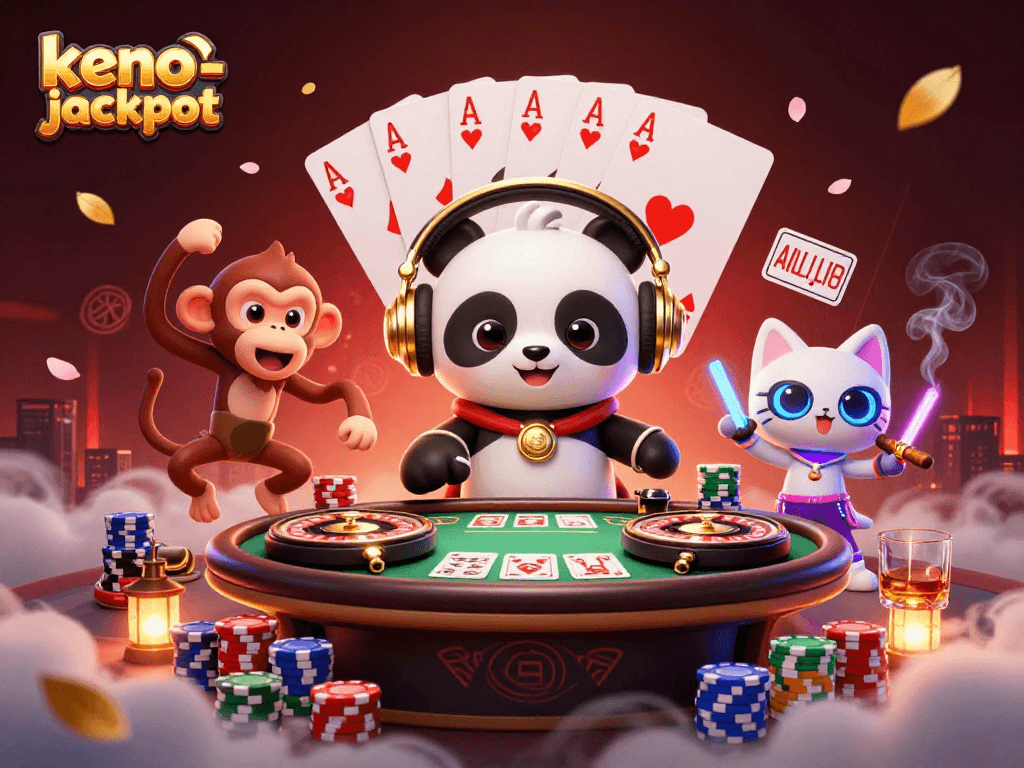 Experience the thrill of keno-jackpot with a lively 3D digital scene featuring animated characters.