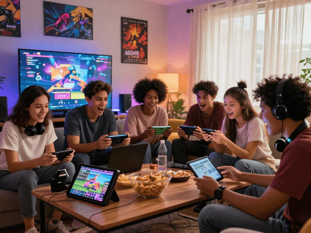 Friends enjoying porngame session in a lively living room with snacks.