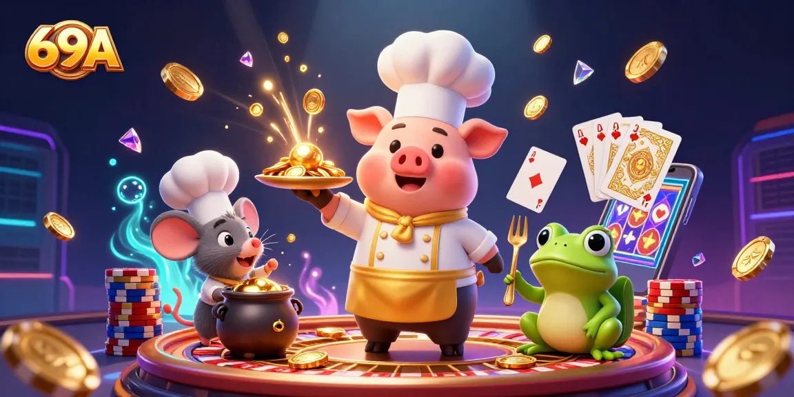 Jogadores do 69A giram a roleta enquanto o chef porquinho serve moedas de ouro, capturando a experiência de um cassino.