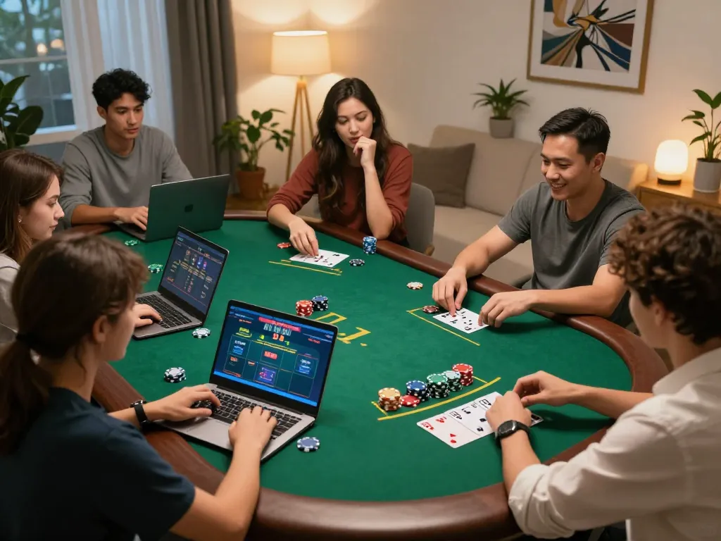 Players enjoying a live blackjack game on jus77, showcasing strategic gameplay and vibrant home settings.
