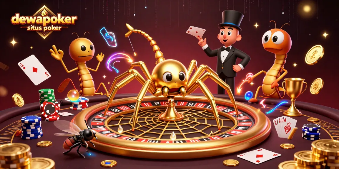 Engage in thrilling poker action with dewapoker situs poker in a vibrant 3D scene featuring a spider and centipede.