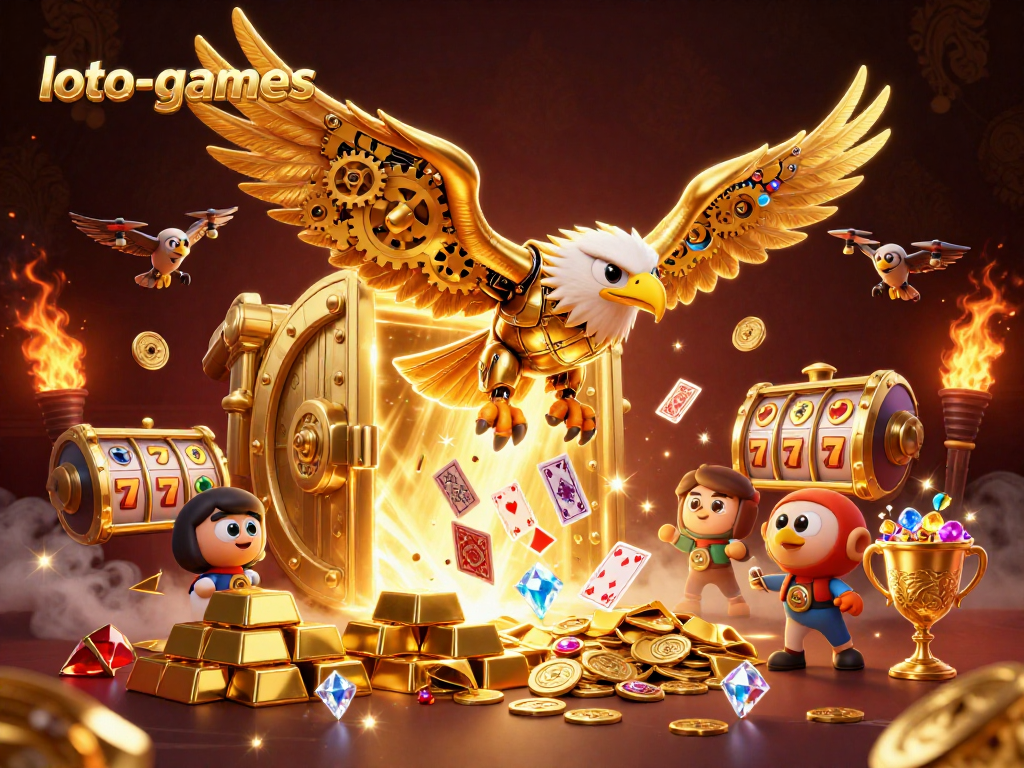 Loto-games showcases a thrilling scene of a golden eagle diving through holographic playing cards amidst treasure elements.