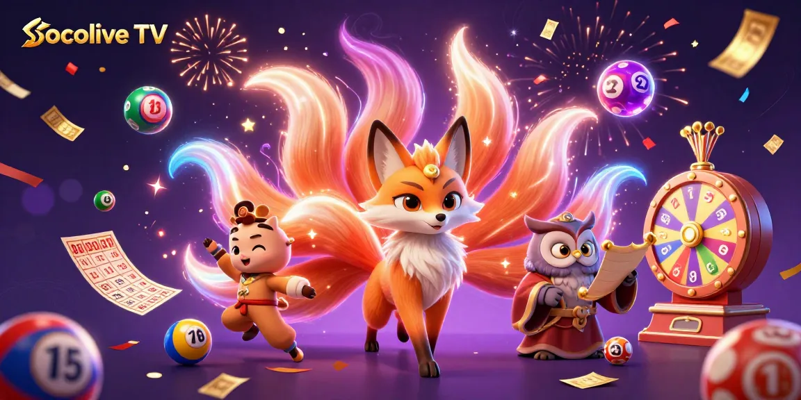 Socolive TV showcases a vibrant scene with a colorful nine-tailed fox and an owl sage surrounded by lottery elements, symbolizing luck.