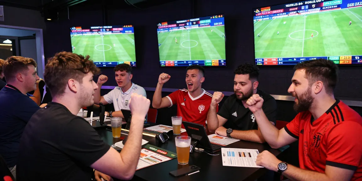 Exciting live betting atmosphere on sbobet bola with enthusiastic players and multiple screens.