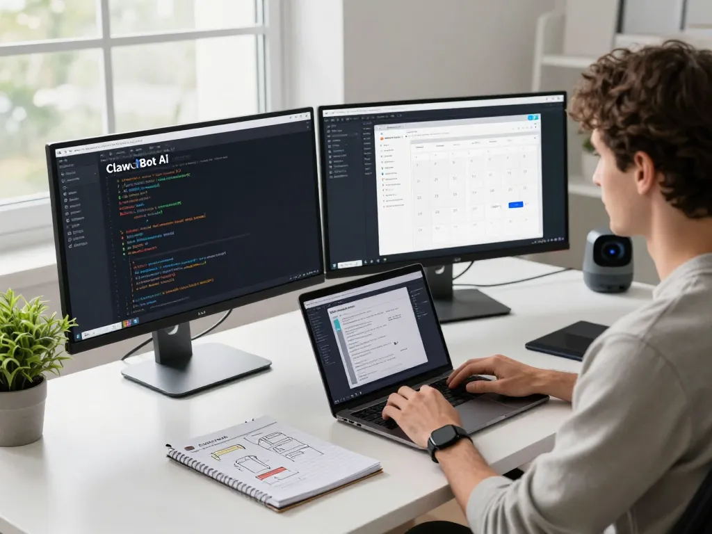 ClawdBot AI enhancing productivity in a modern workspace with dual monitors and coding applications.
