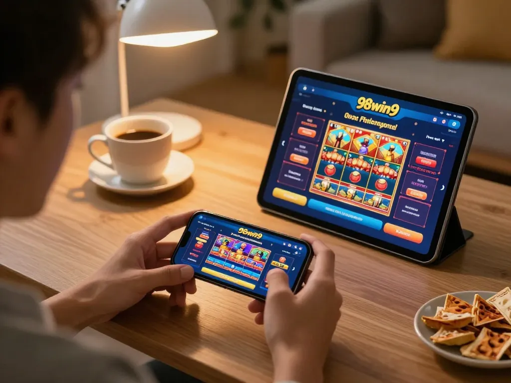 Excited player engaging with the 98win9 app on their smartphone during a cozy home gaming session.