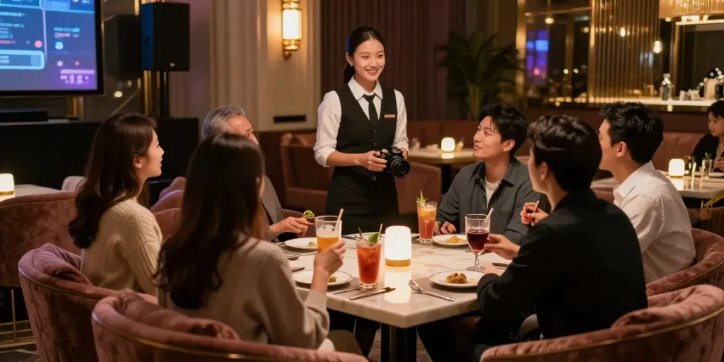 강남 구구단의 고급스러운 독립 룸에서 손님들이 즐거운 시간을 보내는 모습